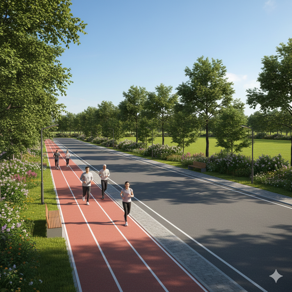 Wide well-paved roads with jogging track